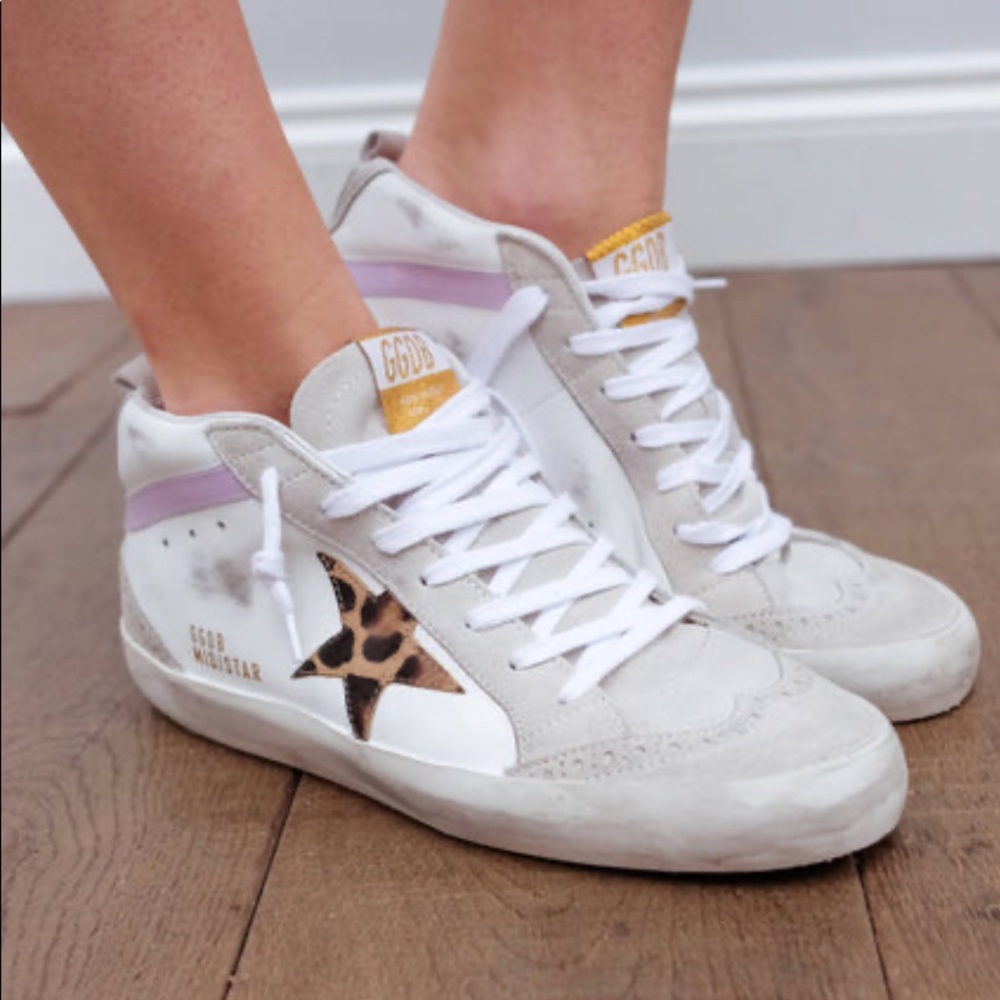 Golden Goose Mid Star Sneaker, White Leather/Lilac/Leopard Star sz 39 great cndn